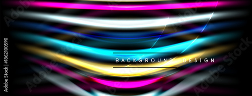 Abstract light streaks form dynamic background. Vivid colors blend, creating modern visual effect. Dark space emphasizes bright lines.