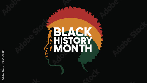 Black History Month illustration with afro silhouette and heritage colors symbolizing African culture, identity, pride, unity and social justice awareness