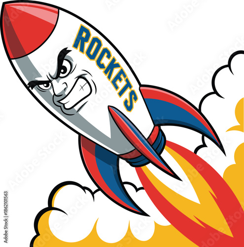 A cartoon rocket ship with a smiling face and bold colors is blasting off into the sky.