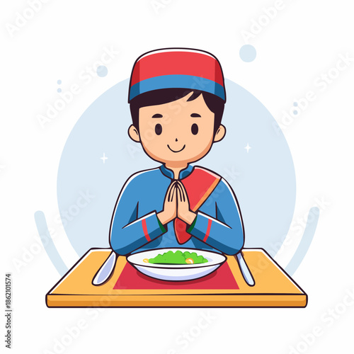 Muslim Boy Praying Before Eating Iftar Meal During Ramadan.
