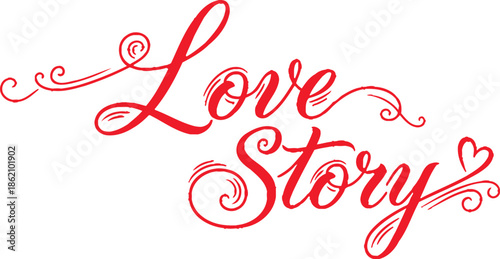 Elegant Red Calligraphy 'Love Story' Text with Decorative Swirls and Heart Embellishment for Romantic Themes and Special Occasions