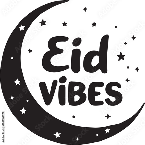 Black and white eid vibes vector illustration with crescent moon and stars celebrating islamic holiday