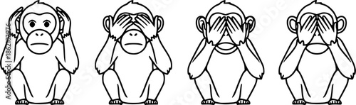 Four Monkeys Different Expressions Hands on Ears Eyes Mouth Hear See Speak No Evil Black and White Outline Line Art Drawing
