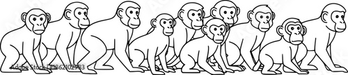 Four Monkeys Different Expressions Hands on Ears Eyes Mouth Hear See Speak No Evil Black and White Outline Line Art Drawing
