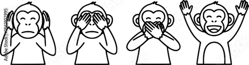 Four Monkeys Different Expressions Hands on Ears Eyes Mouth Hear See Speak No Evil Black and White Outline Line Art Drawing
