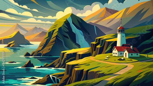 Very beautiful dramatic coastal landscape of Kallur Lighthouse in the Faroe Islands, Denmark, surrounded by cliffs, ocean views, and fresh sunlight, expressing raw Nordic nature and adventure.