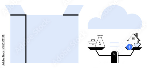 Financial balance concept. Balancing money, health, and home priorities in life. Financial decisions illustrated with equality scales and essential life elements. For planning, investments, balance
