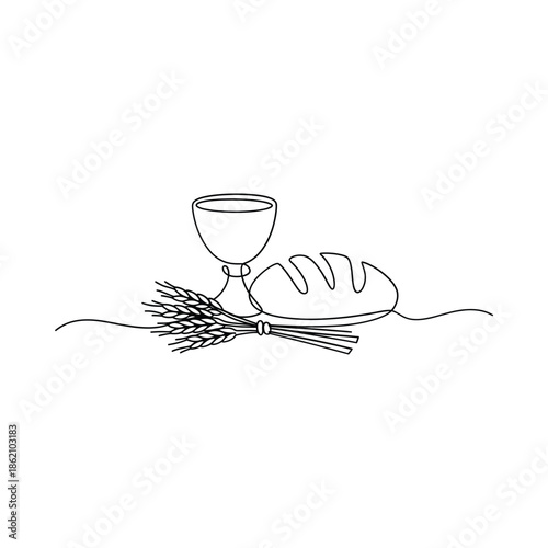 A minimalist line drawing of bread wheat and a chalice