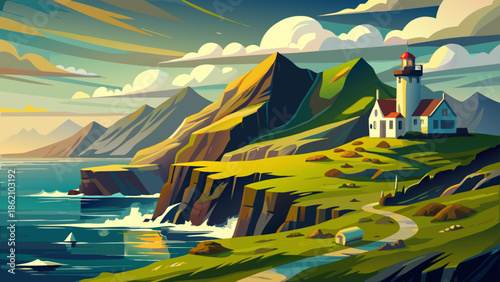 Very beautiful dramatic coastal landscape of Kallur Lighthouse in the Faroe Islands, Denmark, surrounded by cliffs, ocean views, and fresh sunlight, expressing raw Nordic nature and adventure.