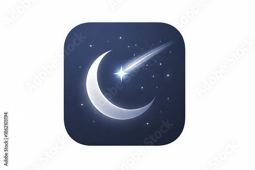 Dreamy Night Sky App Icon featuring a Glowing Crescent Moon and a Brilliant Shooting Star Trail