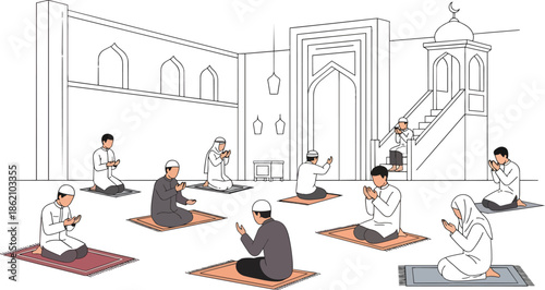 Men Praying in Mosque Islamic Illustration.