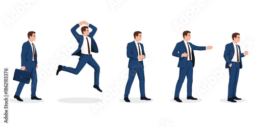 Professional businessman profile character set in flat style, male figure in navy suit with briefcase walking, jumping and gesturing for business marketing