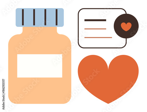Medication bottle, large heart shape, and prescription paper highlight themes of healthcare, wellness, self-care, and medical advice. Ideal for pharmacy, health, love hospital consultation