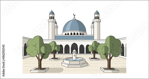 Mosque Architecture with Dome and Minarets.
