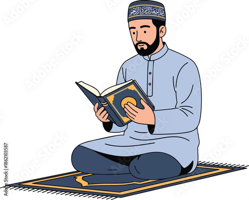 Man Reading Quran on Prayer Mat.