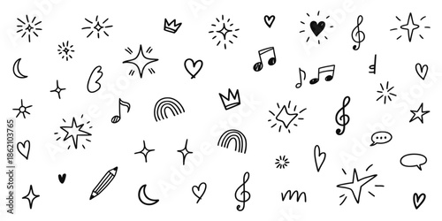 Hand-drawn doodle elements collection with stars, music notes, hearts and rainbows, black ink sketches on white background for creative designs