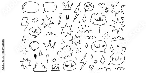 Comic style speech bubble doodles with hello text, lightning bolts, stars and hearts, playful hand-drawn vector elements for social media and blogs