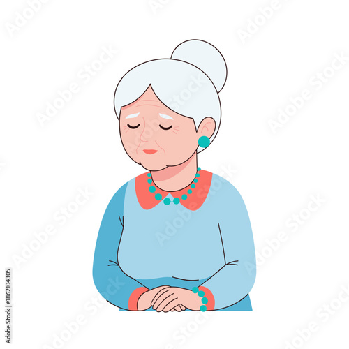 Elderly woman with closed eyes looking thoughtful in blue outfit  