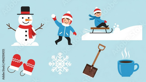 Winter Wonderland Illustration: A collection of cheerful elements embodies the magic of winter, featuring a whimsical snowman, playful snowball fights, exhilarating sledding adventures, cozy mittens.