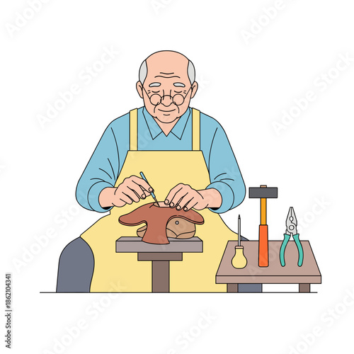 Elderly man repairing leather shoes with tools in workshop  