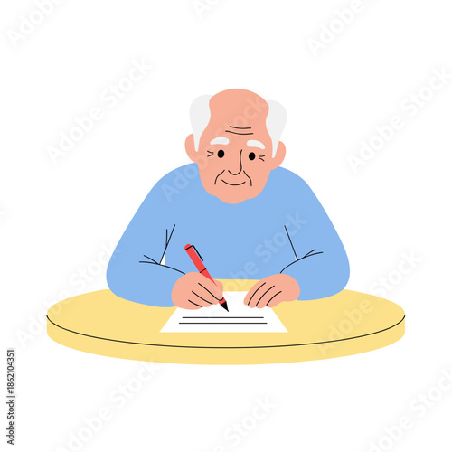 Elderly man writing notes on paper while sitting at a table  