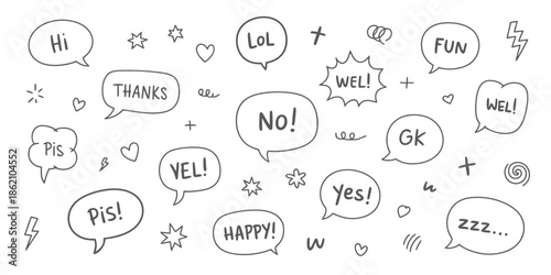 Hand-drawn speech bubble set with slang and greetings, sketchy dialogue boxes featuring hi, lol, thanks and happy for digital communication