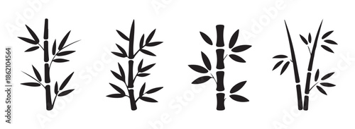 Minimalist black bamboo silhouette vector set, Asian style nature design elements isolated on white background.
