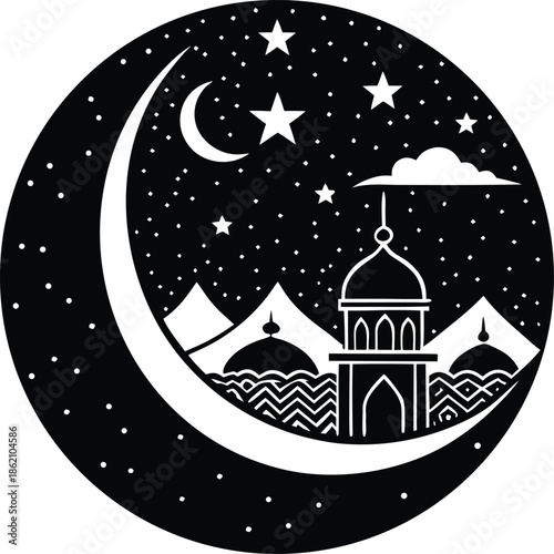 A collection of black silhouette vectors featuring Islamic architectural elements, lanterns, crescent moon, stars, and geometric patterns, ideal for Ramadan and Eid decorations.
