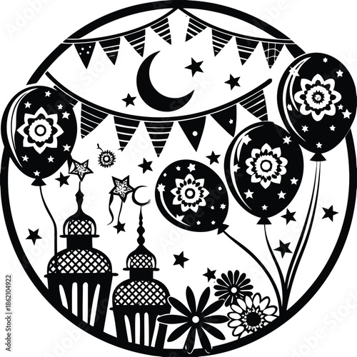 A collection of black silhouette vectors featuring Islamic architectural elements, lanterns, crescent moon, stars, and geometric patterns, ideal for Ramadan and Eid decorations.
