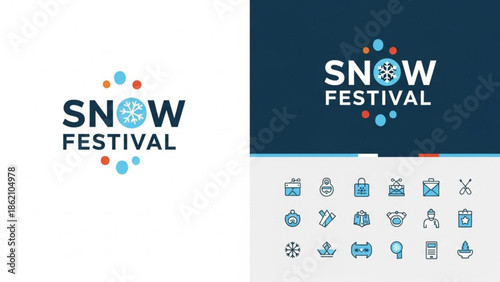 Winter Wonderland Festival: A captivating logo embodies the essence of a winter snow festival, with a delicate snowflake emblem and a collection of thematic icons enhancing the festive atmosphere. 