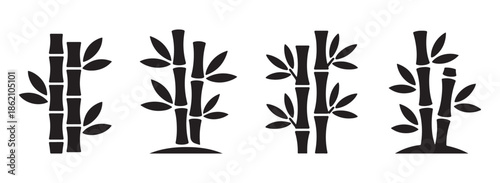 Minimalist black bamboo silhouette vector set, Asian style nature design elements isolated on white background.