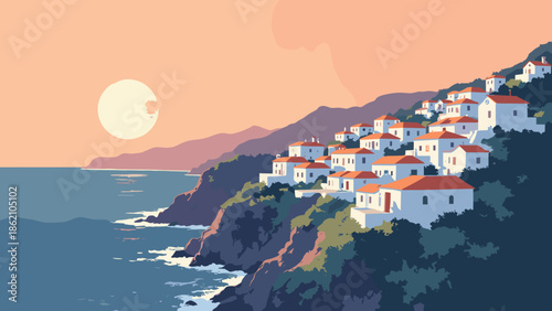 A coastal village on a cliffside at sunset. White houses with orange roofs. The sea is deep navy. The sky is a flat peach color. Vector art