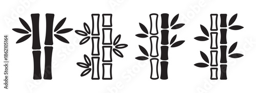 Minimalist black bamboo stalk vector set, simple Asian style nature design elements isolated on white background.