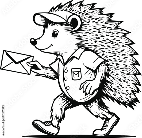 A hedgehog as a postal worker delivering letters, simple walking pose, flat vector illustration, limited color palette, bold black outline, no gradient, no shadow, clean sticker design, white backgrou