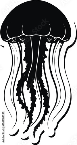 A jellyfish as a meditation guru floating calmly, smooth simple silhouette, flat vector illustration, minimal detail, solid colors only, bold black outline, no gradient, no shadow, clean vector sticke