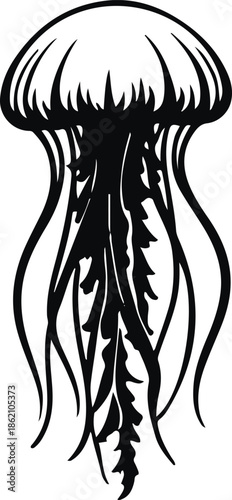 A jellyfish as a meditation guru floating calmly, smooth simple silhouette, flat vector illustration, minimal detail, solid colors only, bold black outline, no gradient, no shadow, clean vector sticke