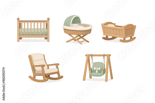 Vector Icons of Nursery Furniture Cradle, Crib, Rocking Chair, and Swing