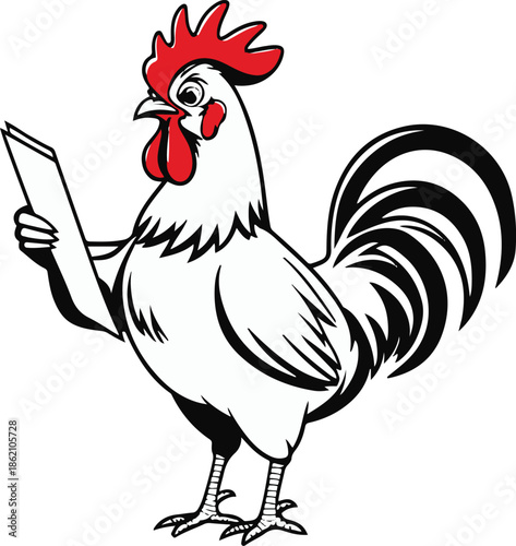 A rooster as a farm supervisor holding a checklist, upright posture, flat vector art, simple geometric shapes, limited colors, thick black outline, no texture, no lighting, white background
