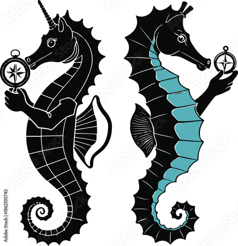 A seahorse as a marine navigator holding a compass, vertical pose, flat vector illustration, clean shape separation, limited color palette, bold black outline, no gradient, no shadow, sticker style, w