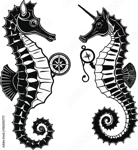 A seahorse as a marine navigator holding a compass, vertical pose, flat vector illustration, clean shape separation, limited color palette, bold black outline, no gradient, no shadow, sticker style, w