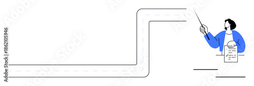 Curved road leading to a person pointing at a document, signifying planning, direction, and guidance. Ideal for journey, planning, education, project management, progress goal setting simple flat