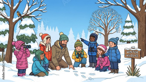 Winter Discovery: A group of children on a winter walk with instructor, learning about nature. The scene conveys a sense of exploration, education and wonder in a snowy landscape.