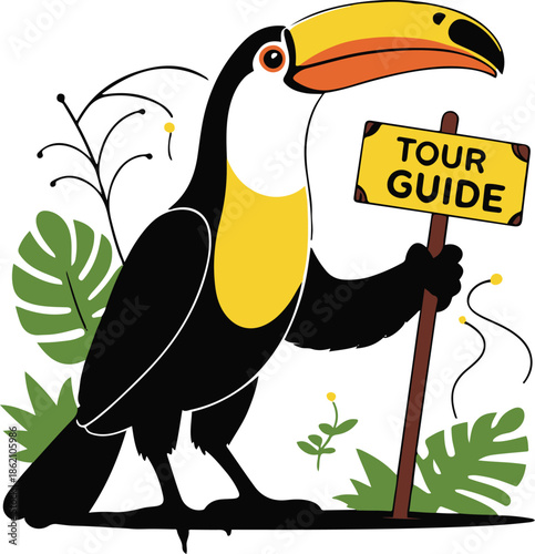 A toucan as a tour guide holding a signboard, simple frontal pose, flat vector illustration, limited color palette, bold black outline, no gradient, no shadow, illustrator svg style, white background 