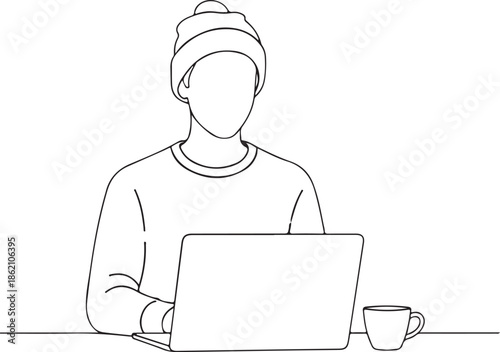 Simple Line Art Freelancer Working from Home Illustration. Generative Ai