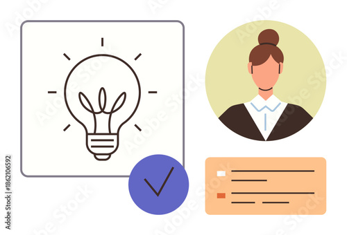 Lightbulb indicating innovation, user avatar representing identity, checklist, and a checkmark. Ideal for creativity, organization, productivity, brainstorming efficiency identity and planning. A