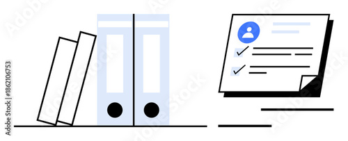 Books and binders next to documents with user profile icon and checklist. Ideal for business, organization, data management, HR analysis, record keeping, workflow, simple flat metaphor