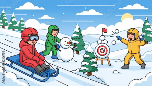 Winter Wonderland Adventure: Children engaged in a variety of winter activities, sledding down snowy slopes, building a snowman and throwing snowballs at a target in a charming winter wonderland.