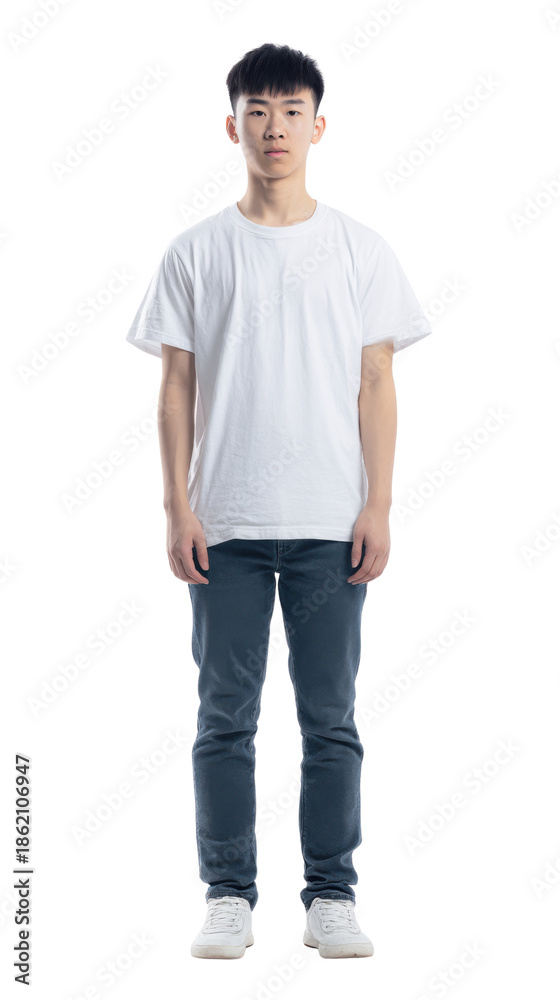 Fototapeta premium Simple and Calm: Young Asian Man in Everyday Attire Standing Pose.