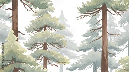 Modern vector watercolor-style forest wallpaper with tall pine trees, soft foliage layers, and open sky, calm woodland nature background ideal for wallpaper, textiles, and interior decor