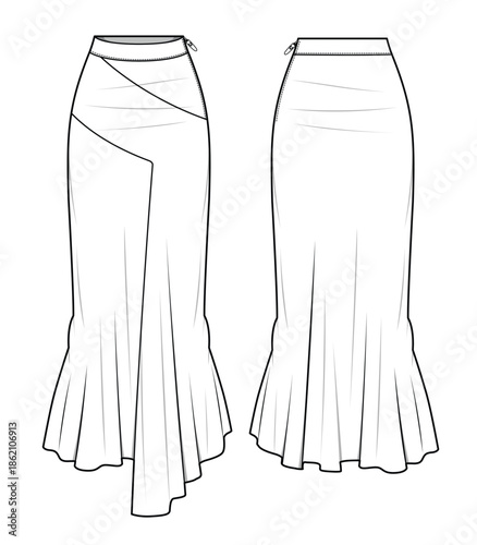Midi skirts vector mockup template technical technical line drawing.